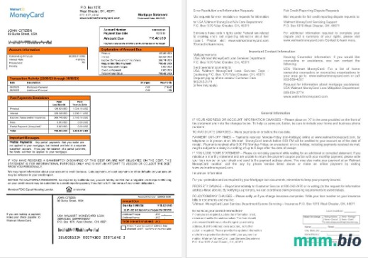 USA Walmart Money Card wyciąg z kredytu hipotecznego w formatach Word i PDF